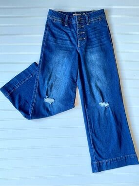 Dollhouse High-Rise Wide Leg Sailor Blue Jeans Size 3/4 Button Fly Crop Stretch